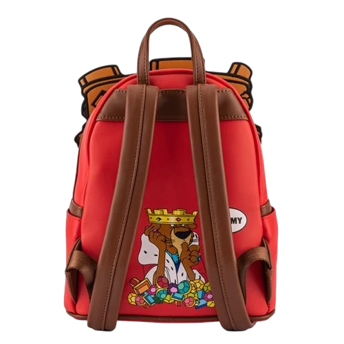 Cards & Comics Connection Robin Hood Prince John mini-backpack featuring a red back panel with a printed lion graphic.