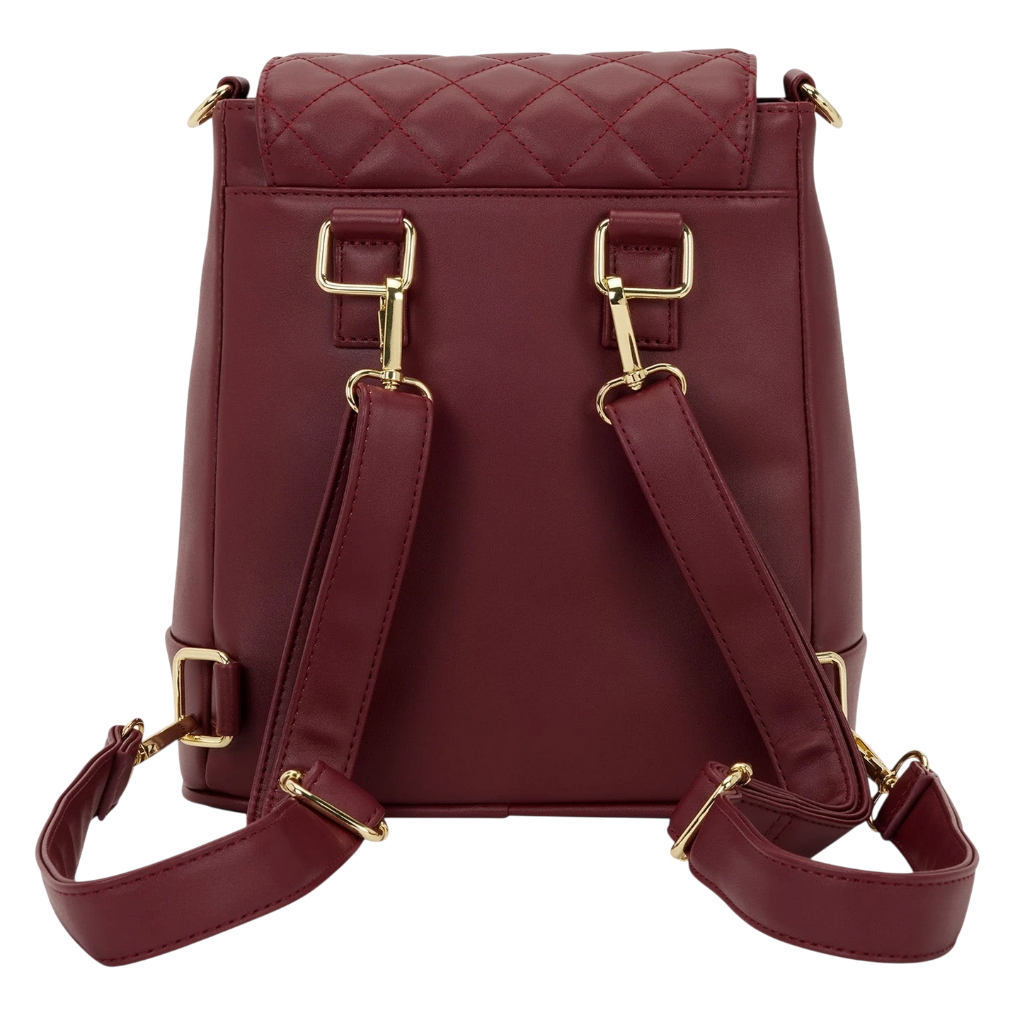 Cards & Comics Connection red quilted faux leather convertible mini backpack and crossbody bag with gold hardware