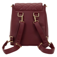 Cards & Comics Connection red quilted faux leather convertible mini backpack and crossbody bag with gold hardware