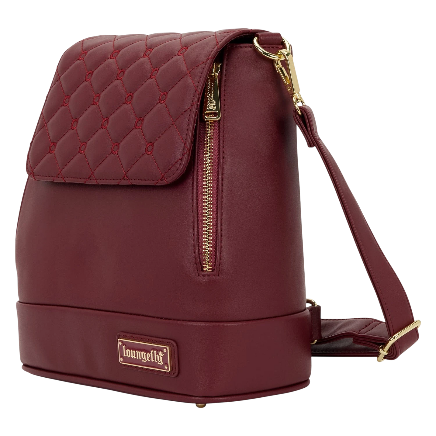 Cards & Comics Connection red Loungefly quilted faux leather convertible mini backpack and crossbody pin trader bag.