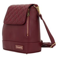 Cards & Comics Connection red Loungefly quilted faux leather convertible mini backpack and crossbody pin trader bag.
