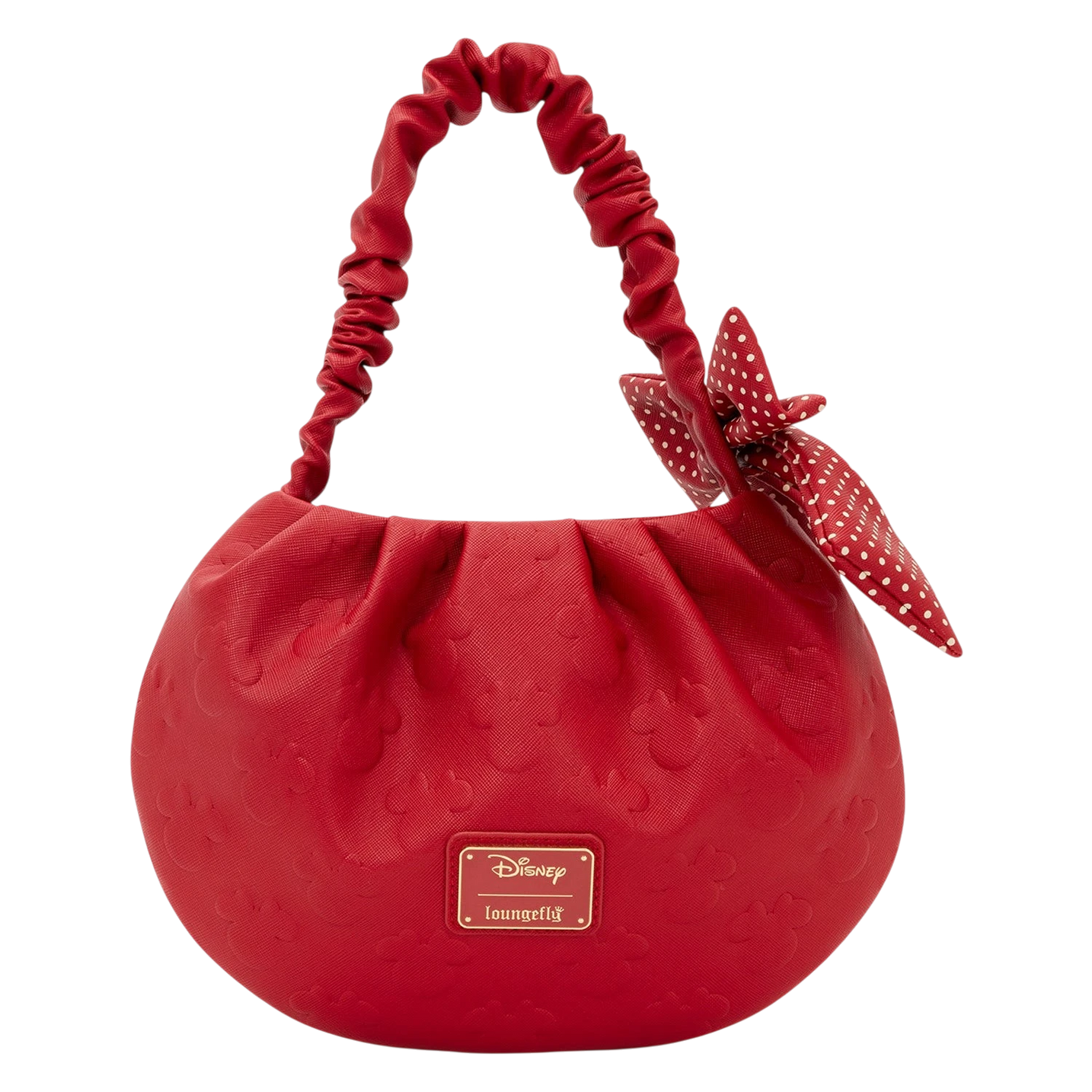 Cards & Comics Connection red Minnie Mouse handbag with embossed silhouette pattern, scrunchie handle, and polka dot bow