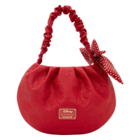 Cards & Comics Connection red Minnie Mouse handbag with embossed silhouette pattern, scrunchie handle, and polka dot bow