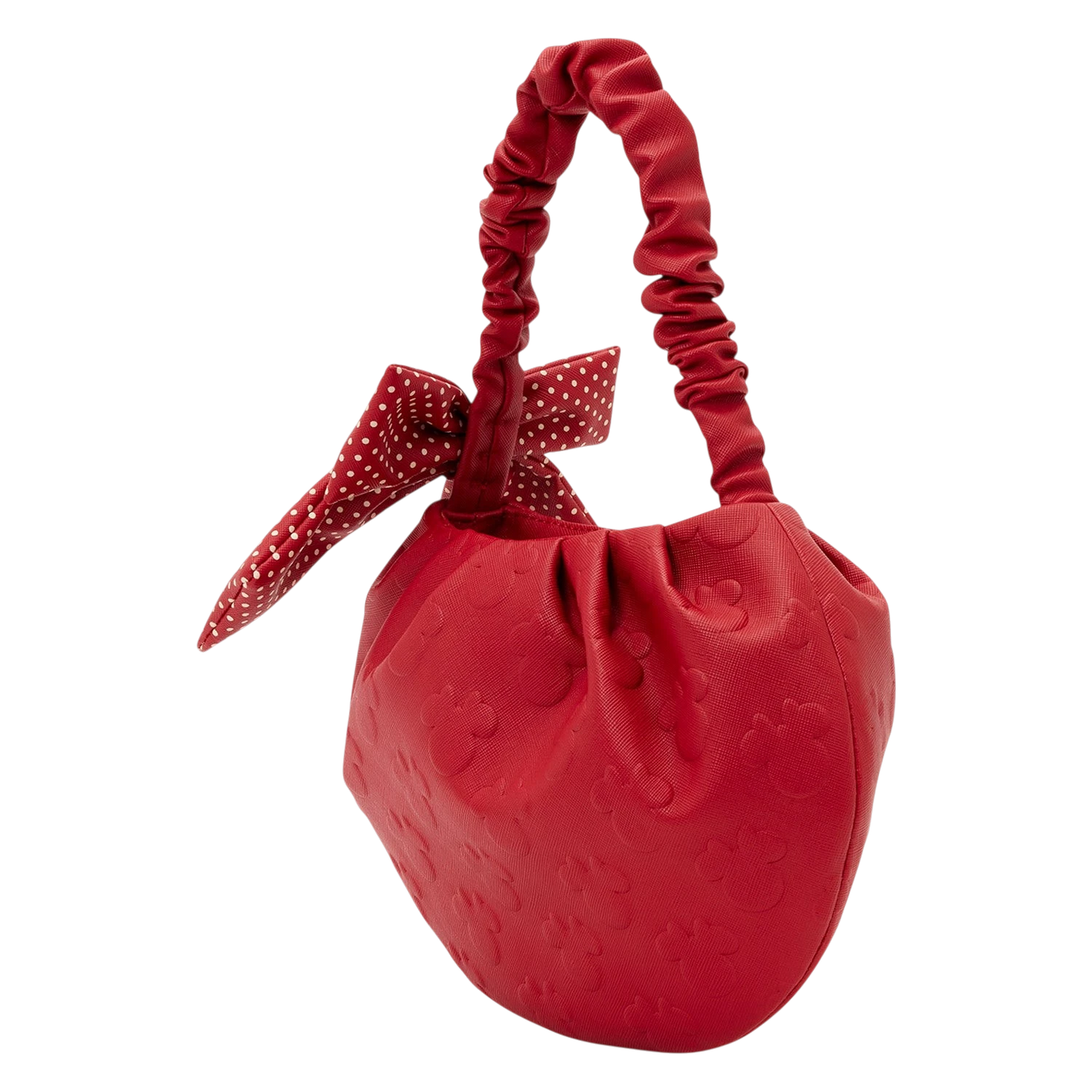 Cards & Comics Connection red Minnie Mouse handbag with embossed silhouettes, scrunchie handle, and polka dot bow