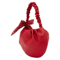 Cards & Comics Connection red Minnie Mouse handbag with embossed silhouettes, scrunchie handle, and polka dot bow