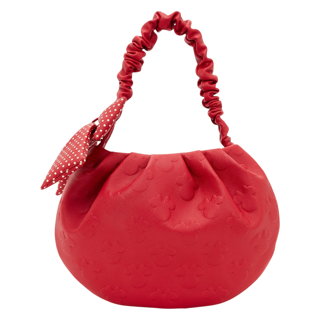 Cards & Comics Connection red Minnie Mouse handbag with embossed silhouettes, scrunchie handle, and polka dot bow