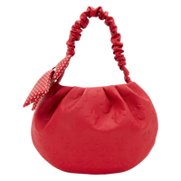 Cards & Comics Connection red Minnie Mouse handbag with embossed silhouettes, scrunchie handle, and polka dot bow