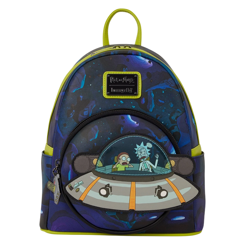 Cards & Comics Connection Rick and Morty glow-in-the-dark mini backpack with a moving flying saucer PVC detail.