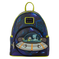 Cards & Comics Connection Rick and Morty glow-in-the-dark mini backpack with a moving flying saucer PVC detail.