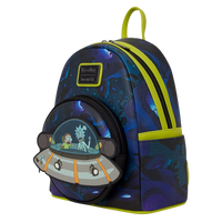 Cards & Comics Connection Rick and Morty glow-in-the-dark mini backpack with a moving flying saucer PVC detail.