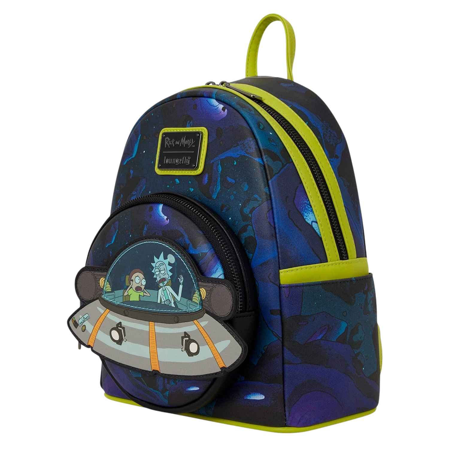 Cards & Comics Connection Rick and Morty glow-in-the-dark mini backpack with a moving flying saucer PVC detail.