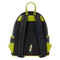 Cards & Comics Connection Rick and Morty mini backpack back view with Mr. Meeseeks print and lime green accents