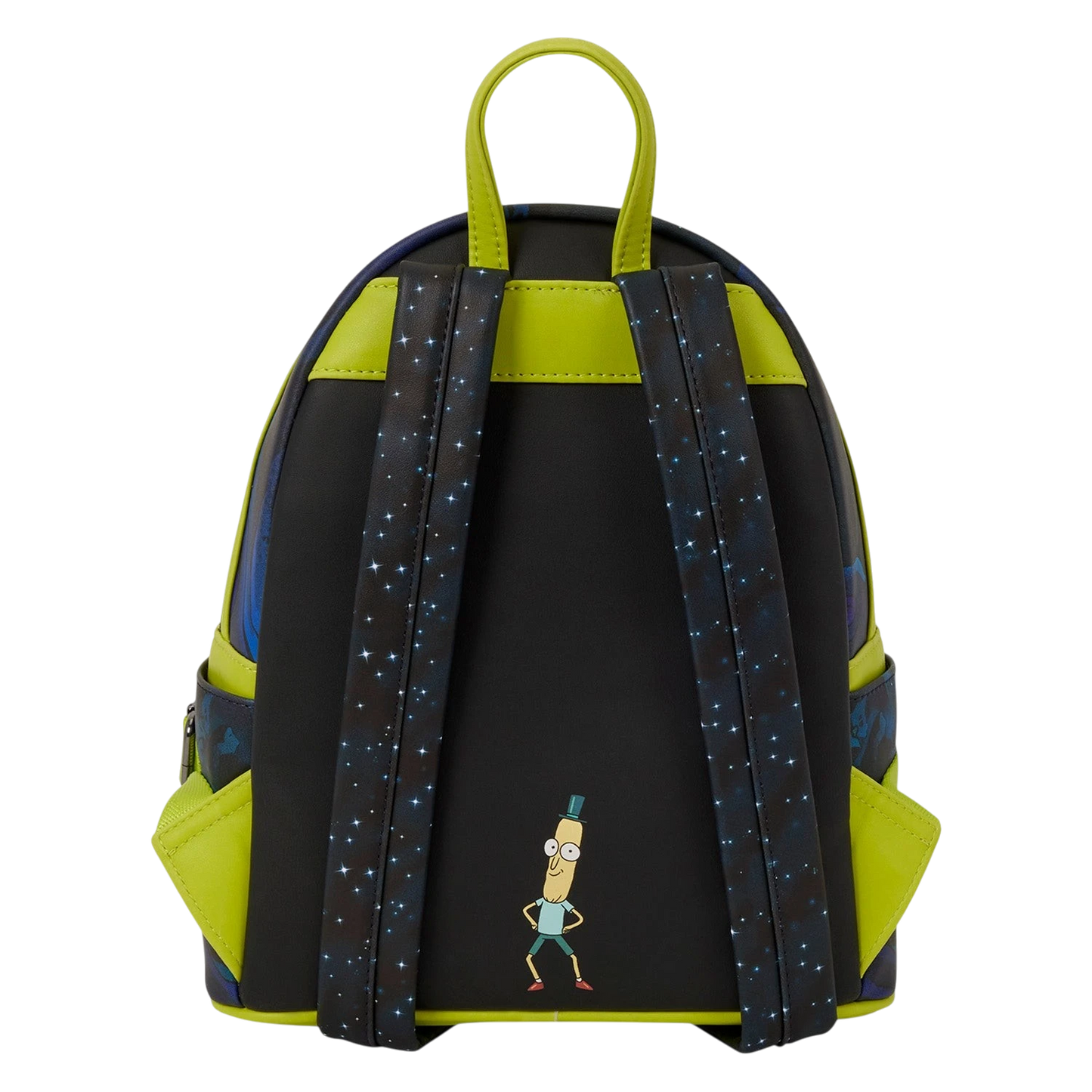 Cards & Comics Connection Rick and Morty mini backpack back view with Mr. Meeseeks print and lime green accents