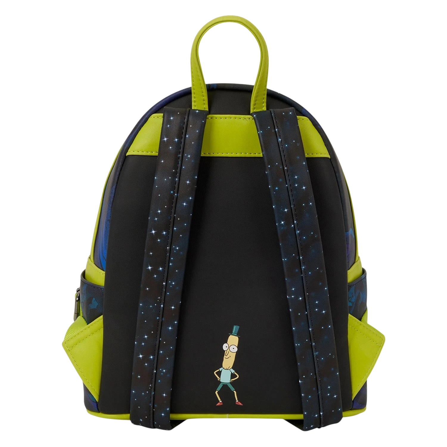 Cards & Comics Connection Rick and Morty mini backpack back view with Mr. Meeseeks print and lime green accents