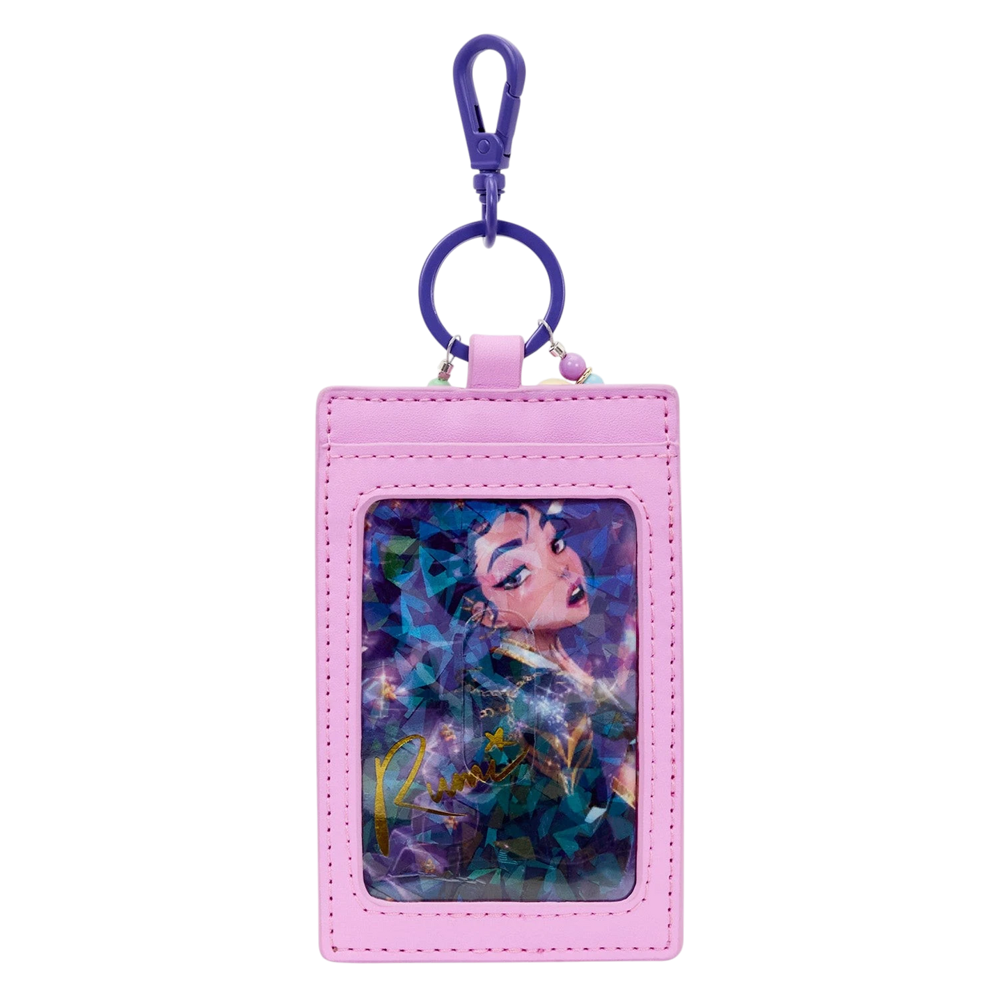 Cards & Comics Connection HUNTR/X Rumi photo card charm holder in pink faux leather with purple clip
