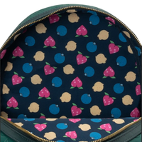 Cards & Comics Connection Pokemon Snorlax backpack interior lining with colorful fruit pattern on dark blue fabric