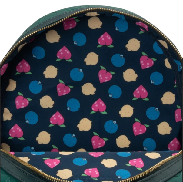 Cards & Comics Connection Pokemon Snorlax backpack interior lining with colorful fruit pattern on dark blue fabric