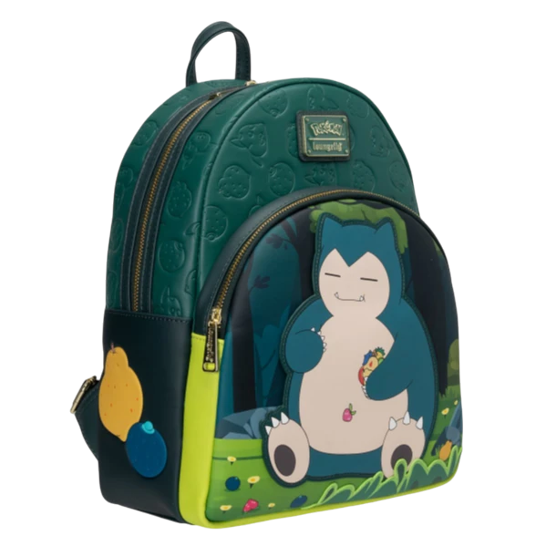 Cards & Comics Connection Loungefly Pokemon Snorlax midsize backpack with fruit applique and debossed green details.