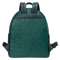 Cards & Comics Connection Snorlax midsize backpack in dark green faux leather with debossed Pokemon fruit patterns.