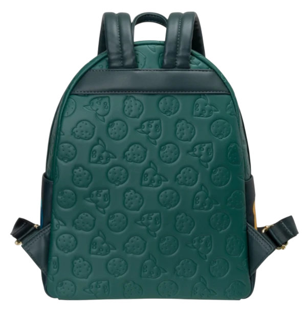 Cards & Comics Connection Snorlax midsize backpack in dark green faux leather with debossed Pokemon fruit patterns.