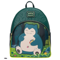 Cards & Comics Connection Loungefly Snorlax faux leather midsize backpack with fruit print and forest scene design.