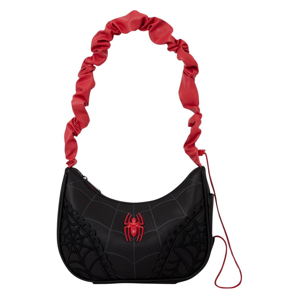 Cards & Comics Connection Marvel Spider-Man crossbody bag in black polyurethane with red ruched strap and logo rivet