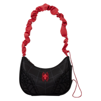 Cards & Comics Connection Marvel Spider-Man crossbody bag in black polyurethane with red ruched strap and logo rivet