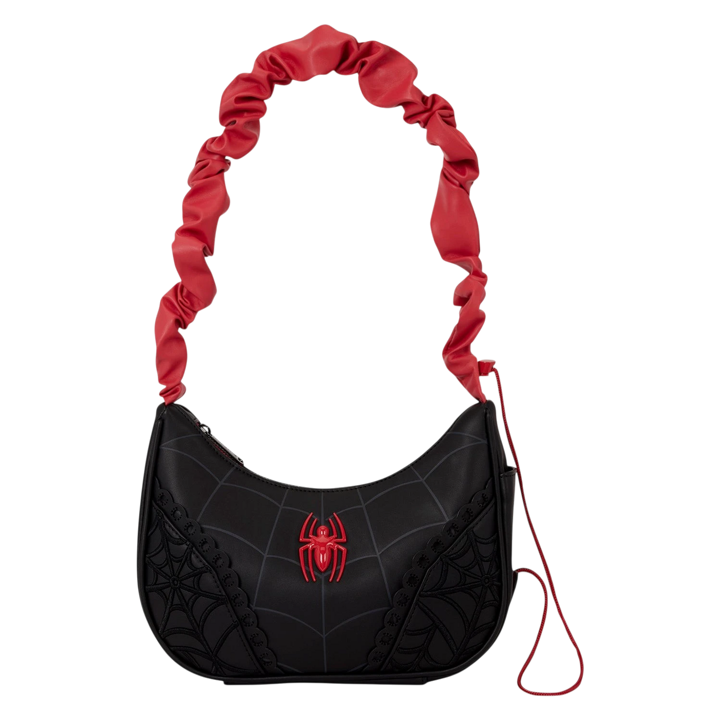 Cards & Comics Connection Marvel Spider-Man crossbody bag in black polyurethane with red ruched strap and logo rivet