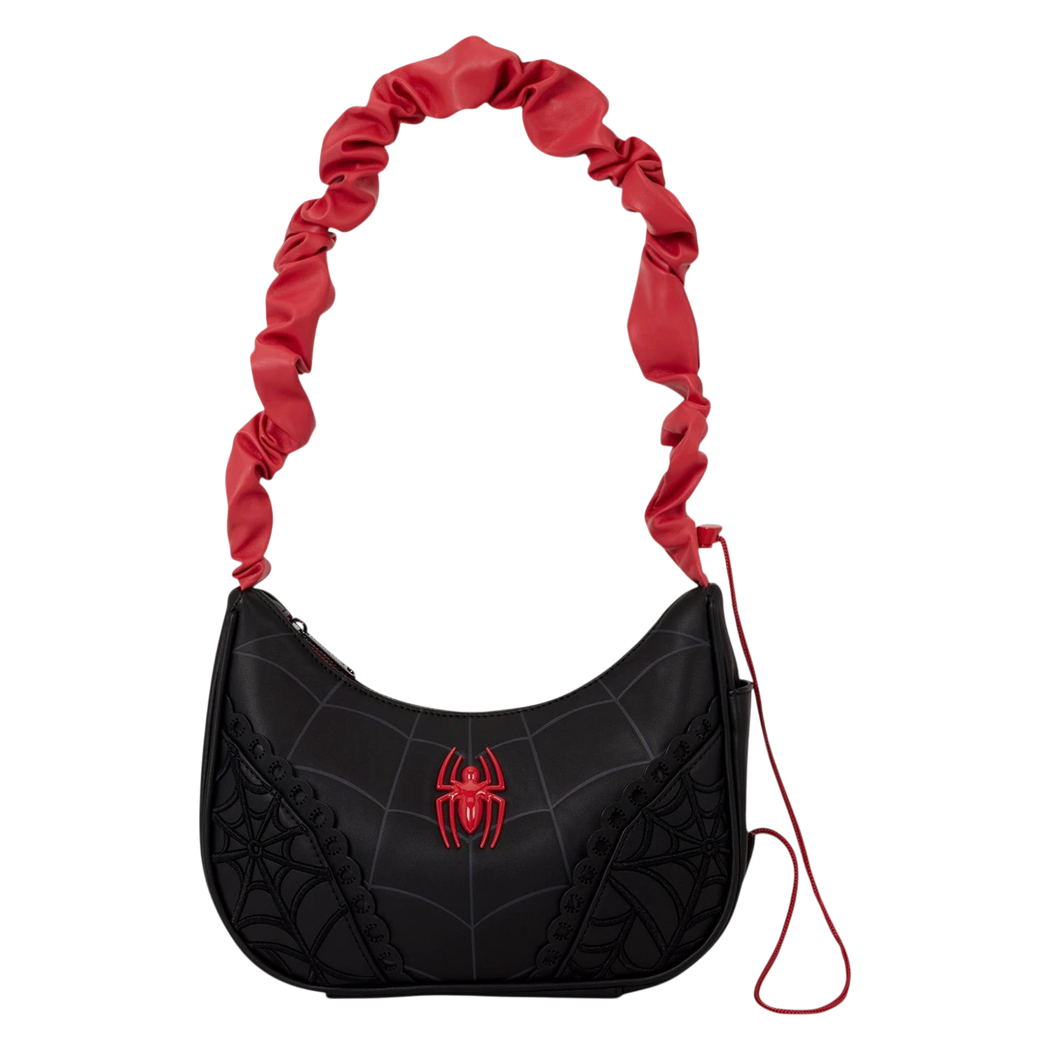 Cards & Comics Connection Marvel Spider-Man crossbody bag in black polyurethane with red ruched strap and logo rivet