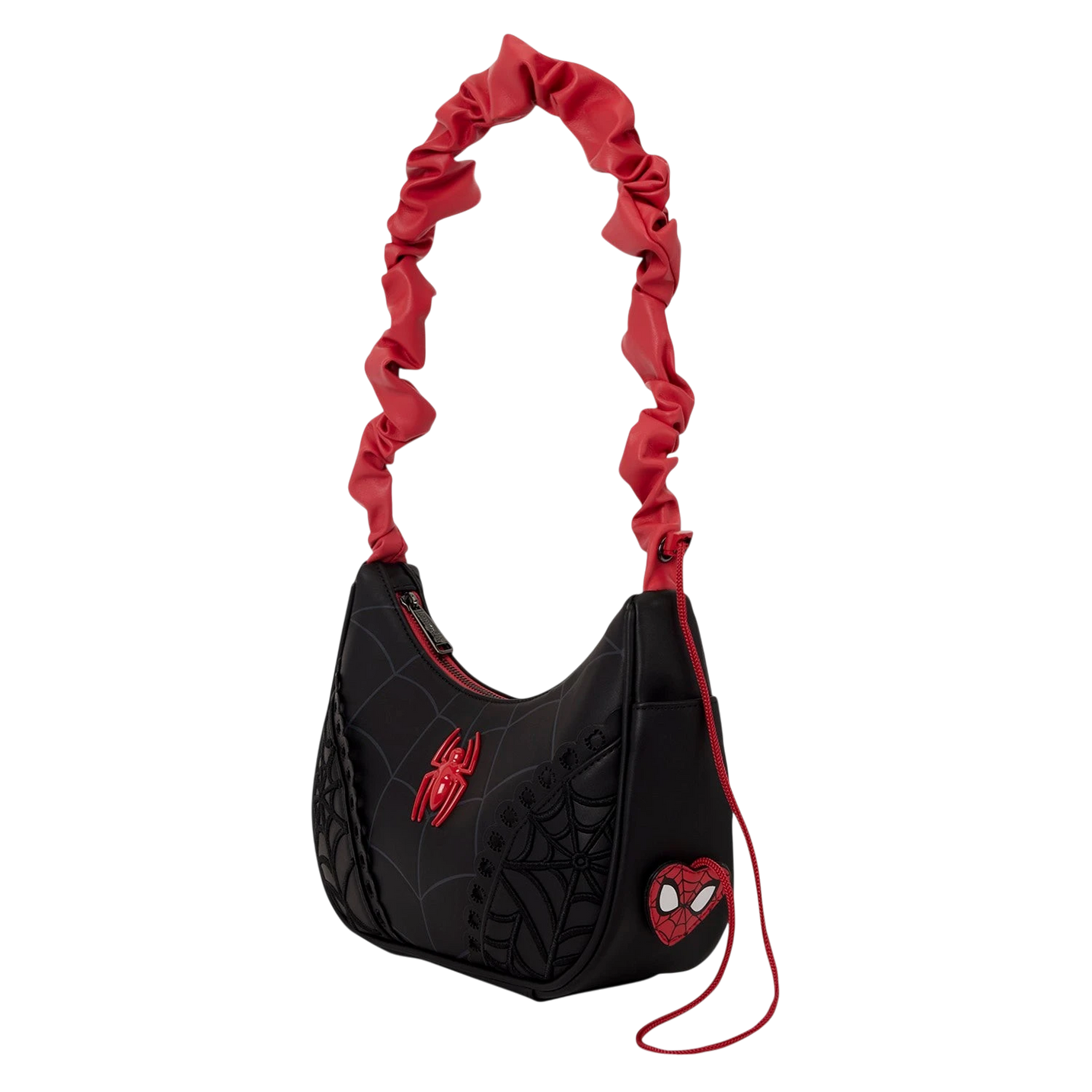 Cards & Comics Connection Marvel Spider-Man black crossbody bag with red ruched strap and web embroidery details.