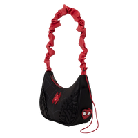 Cards & Comics Connection Marvel Spider-Man black crossbody bag with red ruched strap and web embroidery details.