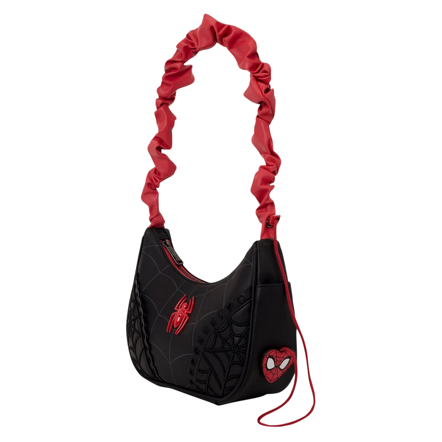 Cards & Comics Connection Marvel Spider-Man black crossbody bag with red ruched strap and web embroidery details.