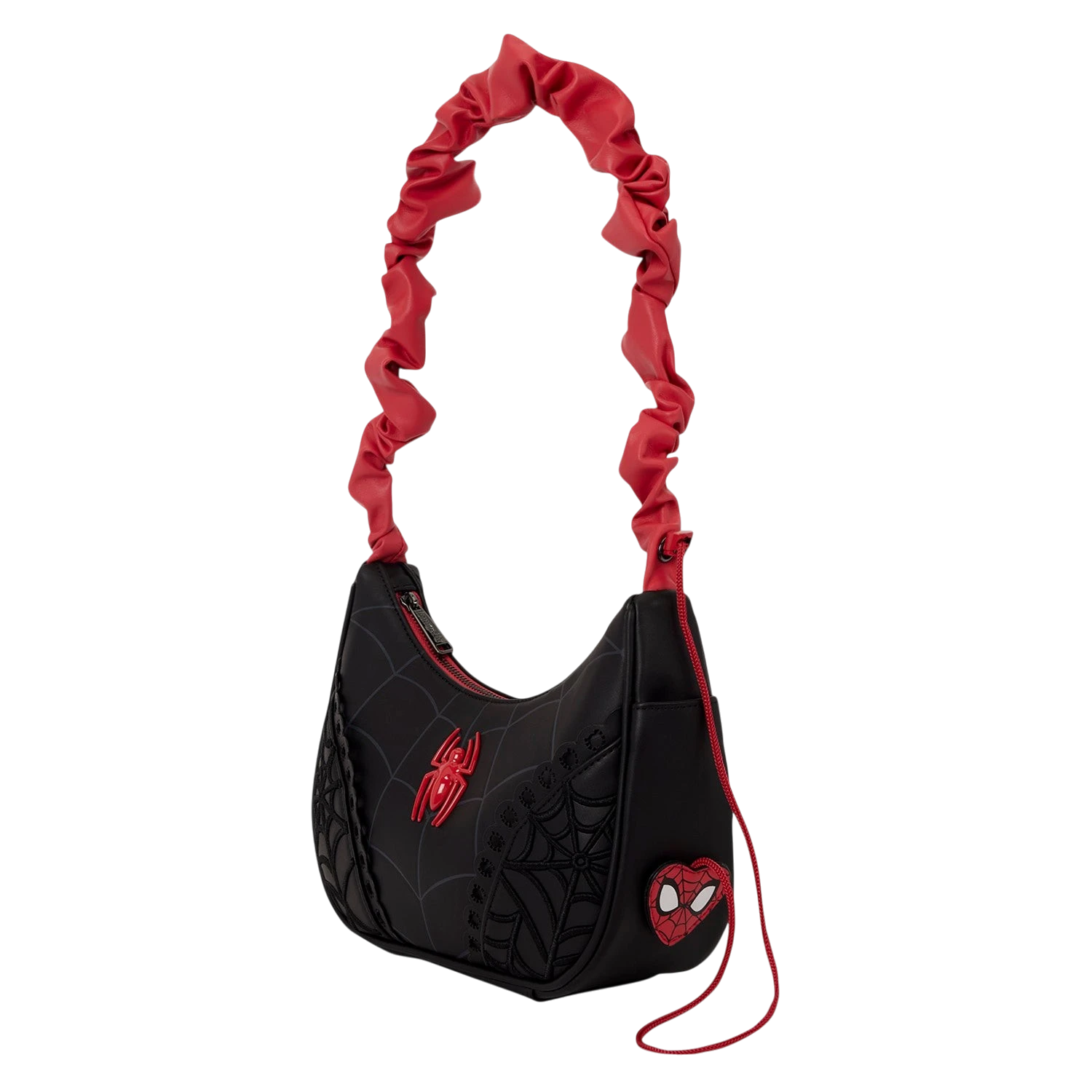 Cards & Comics Connection Marvel Spider-Man black crossbody bag with red ruched strap and web embroidery details.