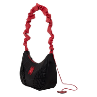 Cards & Comics Connection Marvel Spider-Man crossbody bag in black with red ruffled strap and spider web embroidery