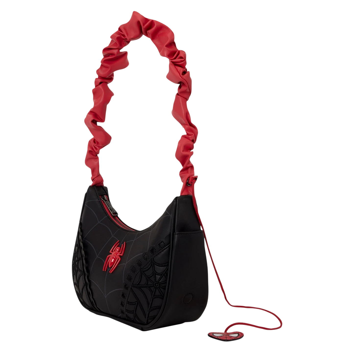 Cards & Comics Connection Marvel Spider-Man crossbody bag in black with red ruffled strap and spider web embroidery