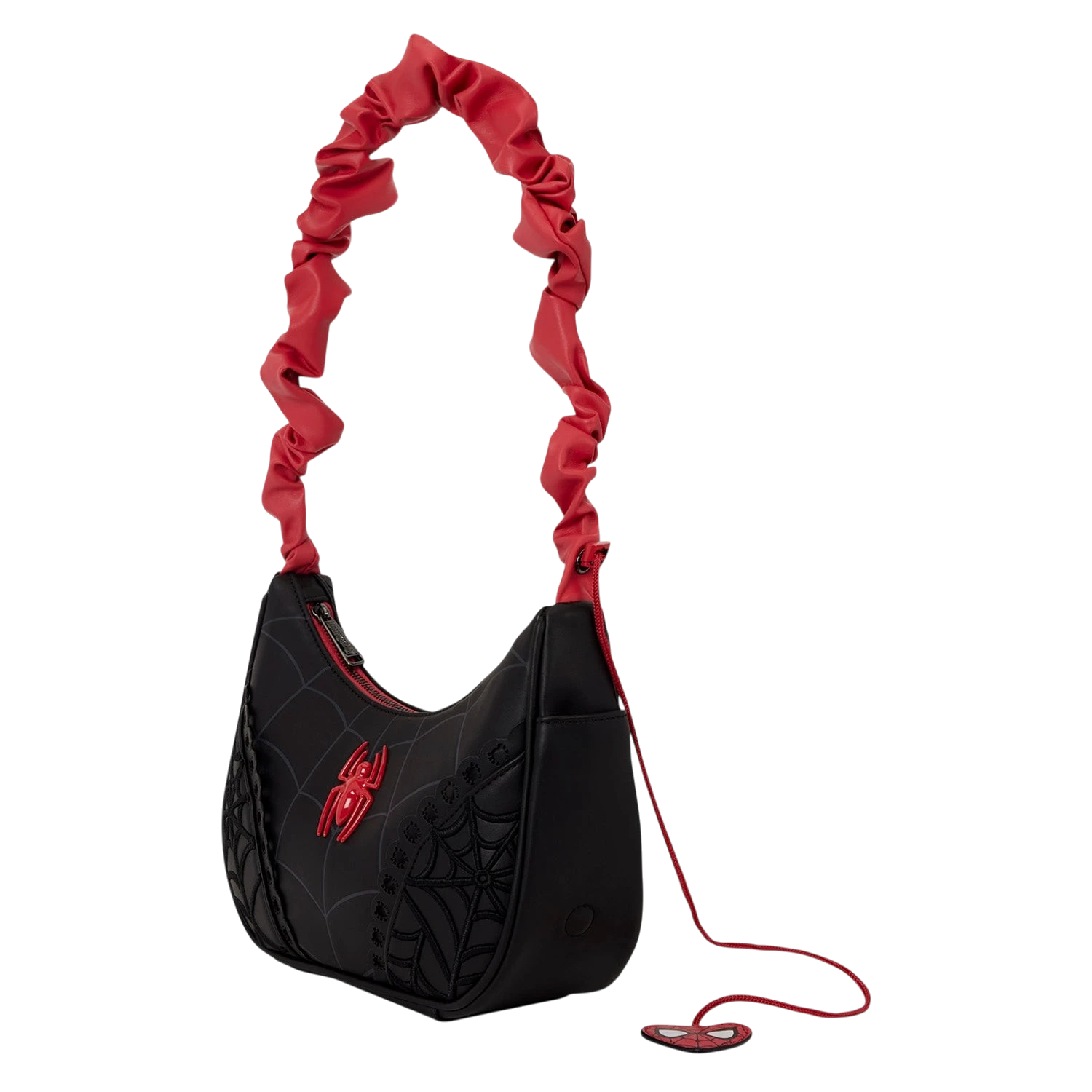 Cards & Comics Connection Marvel Spider-Man crossbody bag in black with red ruffled strap and spider web embroidery