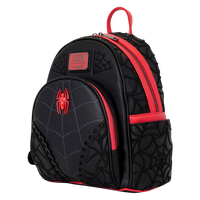 Cards & Comics Connection Marvel Spider-Man mini backpack in black with red accents, 3D web embroidery and logo rivet.