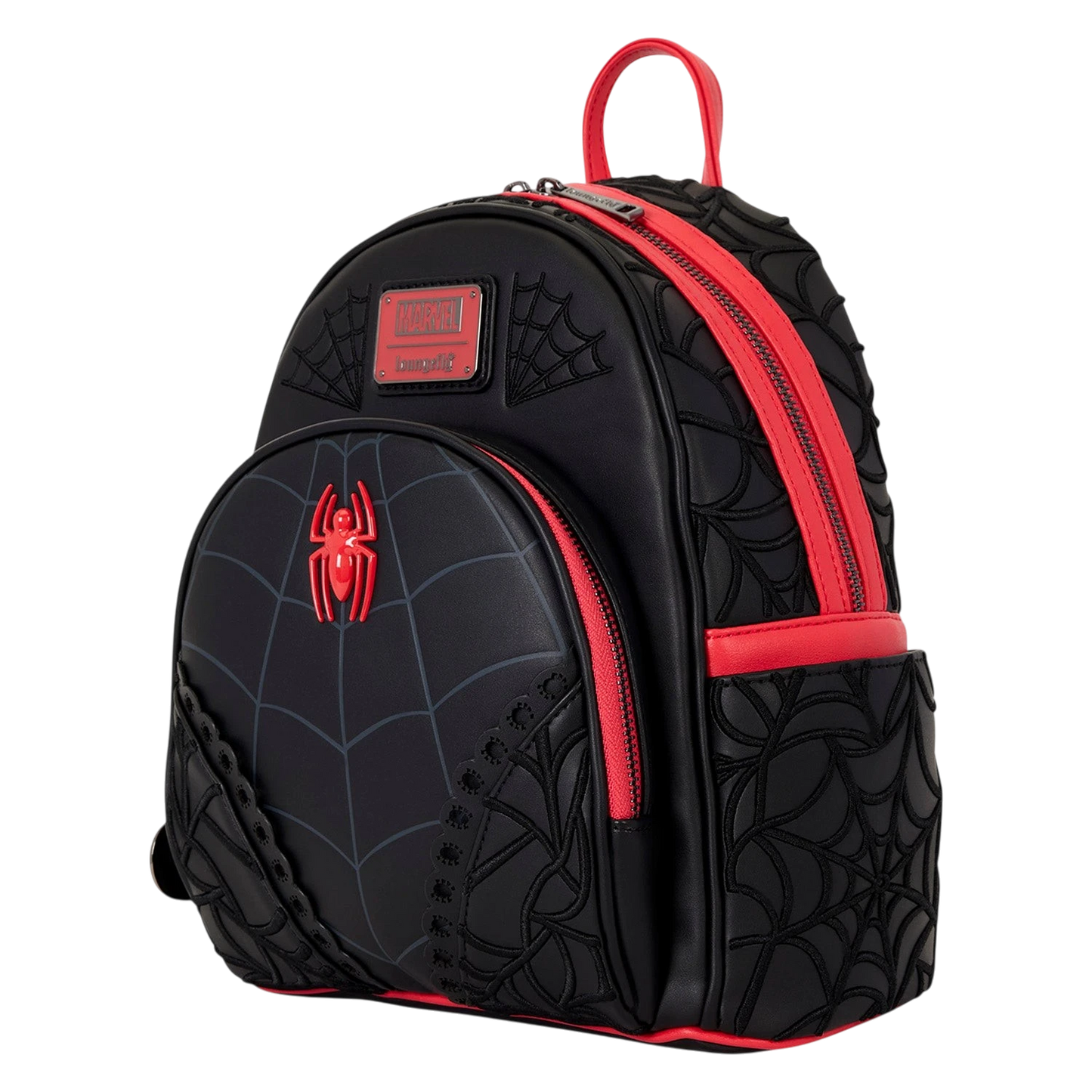 Cards & Comics Connection Marvel Spider-Man mini backpack in black with red accents, 3D web embroidery and logo rivet.
