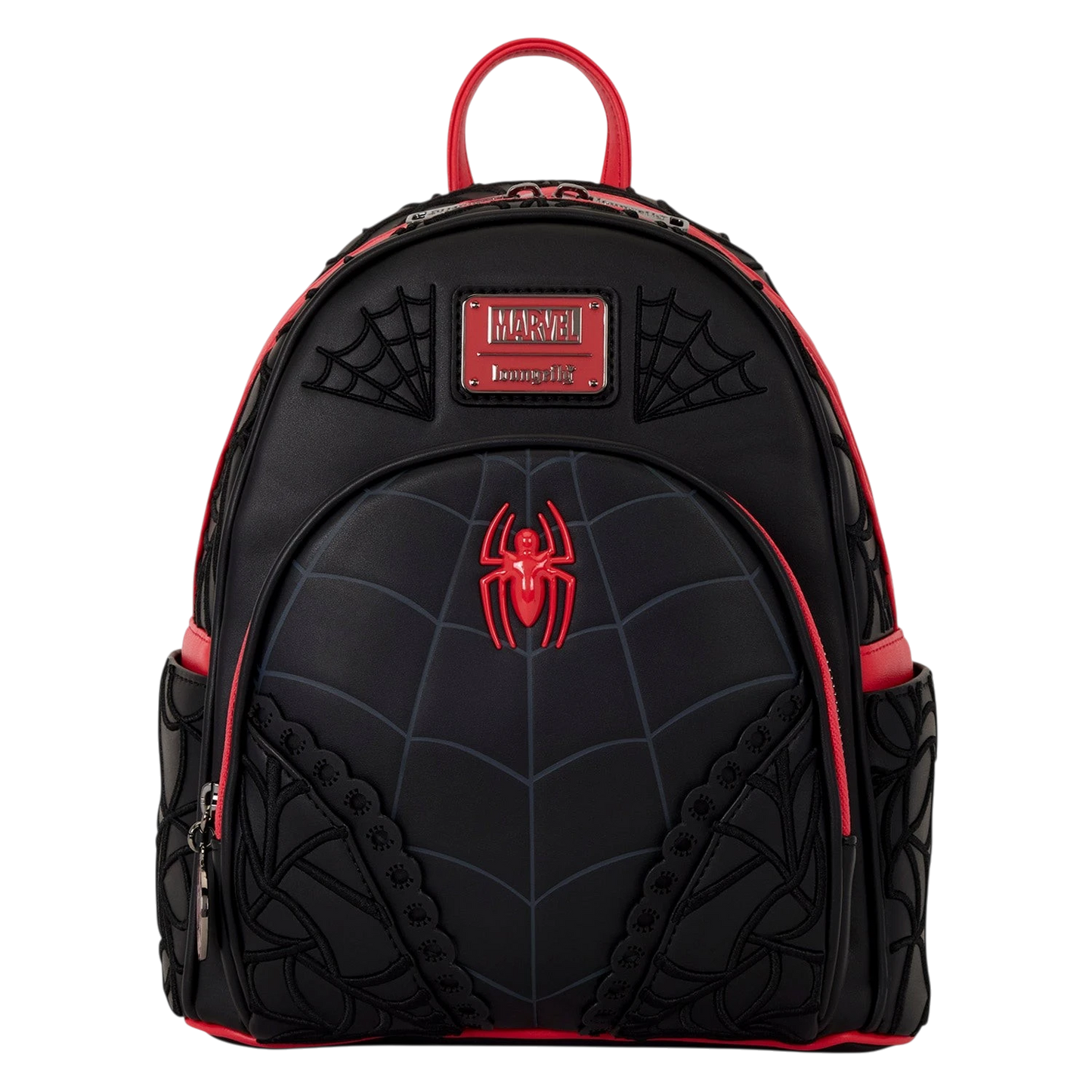 Cards & Comics Connection Marvel Spider-Man mini backpack in black polyurethane with red accents and 3D spider web detail