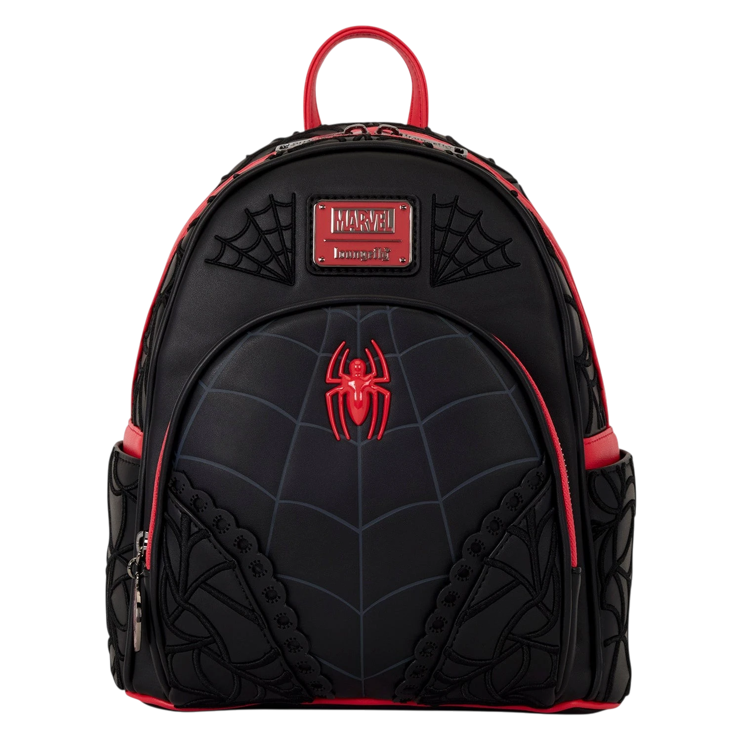 Cards & Comics Connection Marvel Spider-Man mini backpack in black polyurethane with red accents and 3D spider web detail