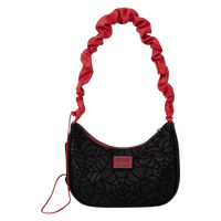 Cards & Comics Connection Marvel Spider-Man black crossbody bag with red ruched strap and embossed web pattern