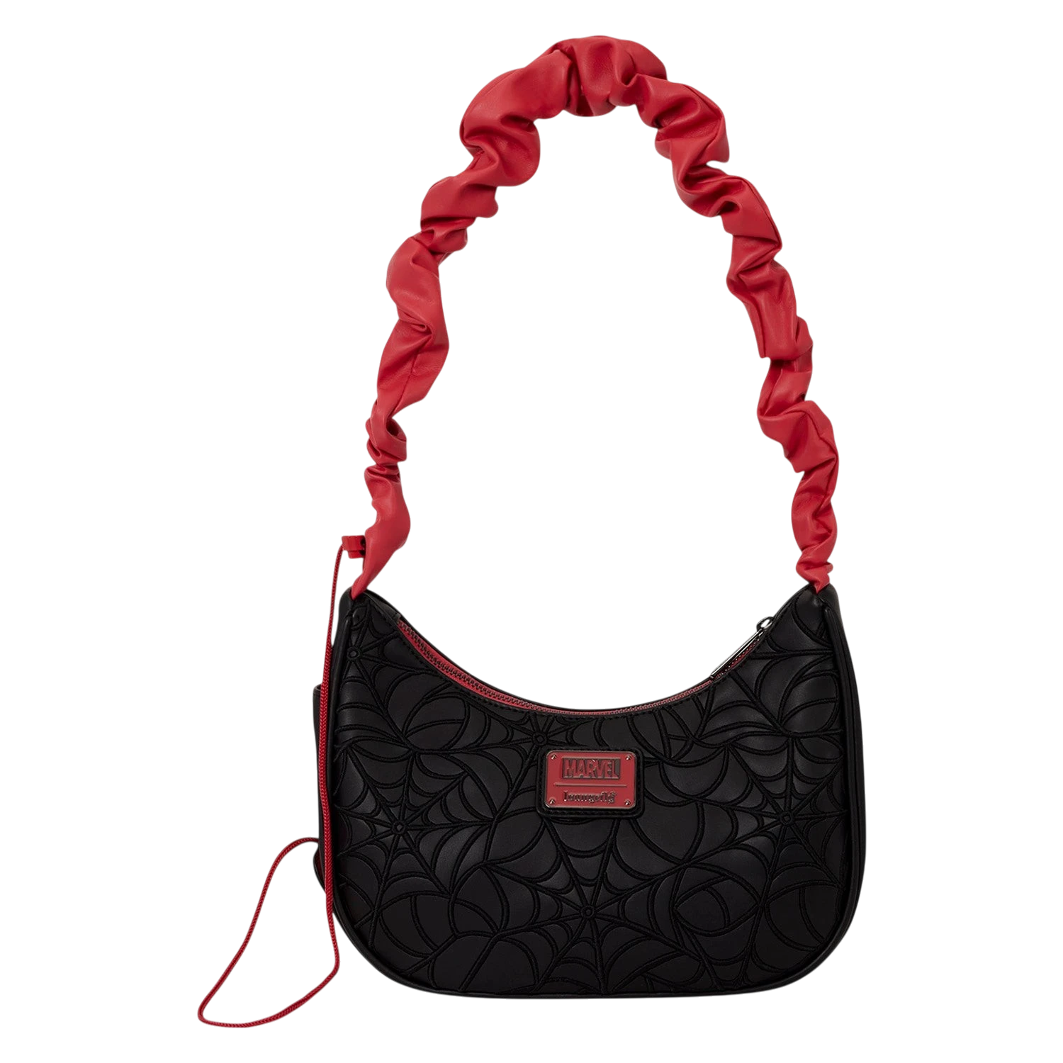 Cards & Comics Connection Marvel Spider-Man black crossbody bag with red ruched strap and embossed web pattern