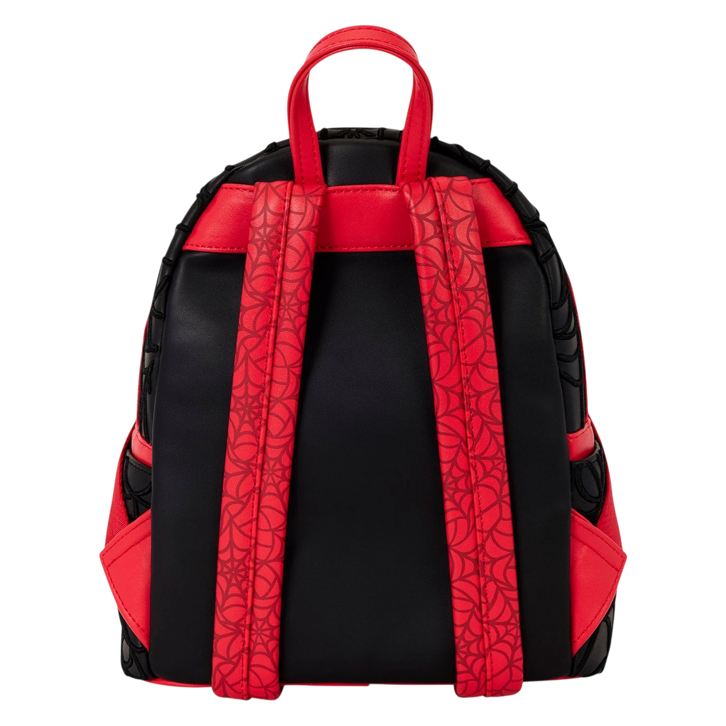 Back view of Cards & Comics Connection Marvel Spider-Man mini backpack with red web-patterned straps and black body.