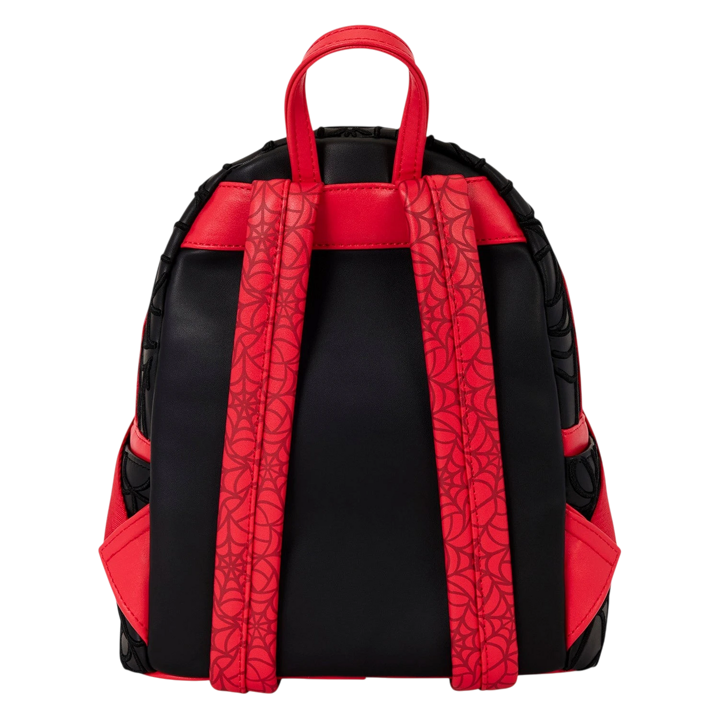 Back view of Cards & Comics Connection Marvel Spider-Man mini backpack with red web-patterned straps and black body.