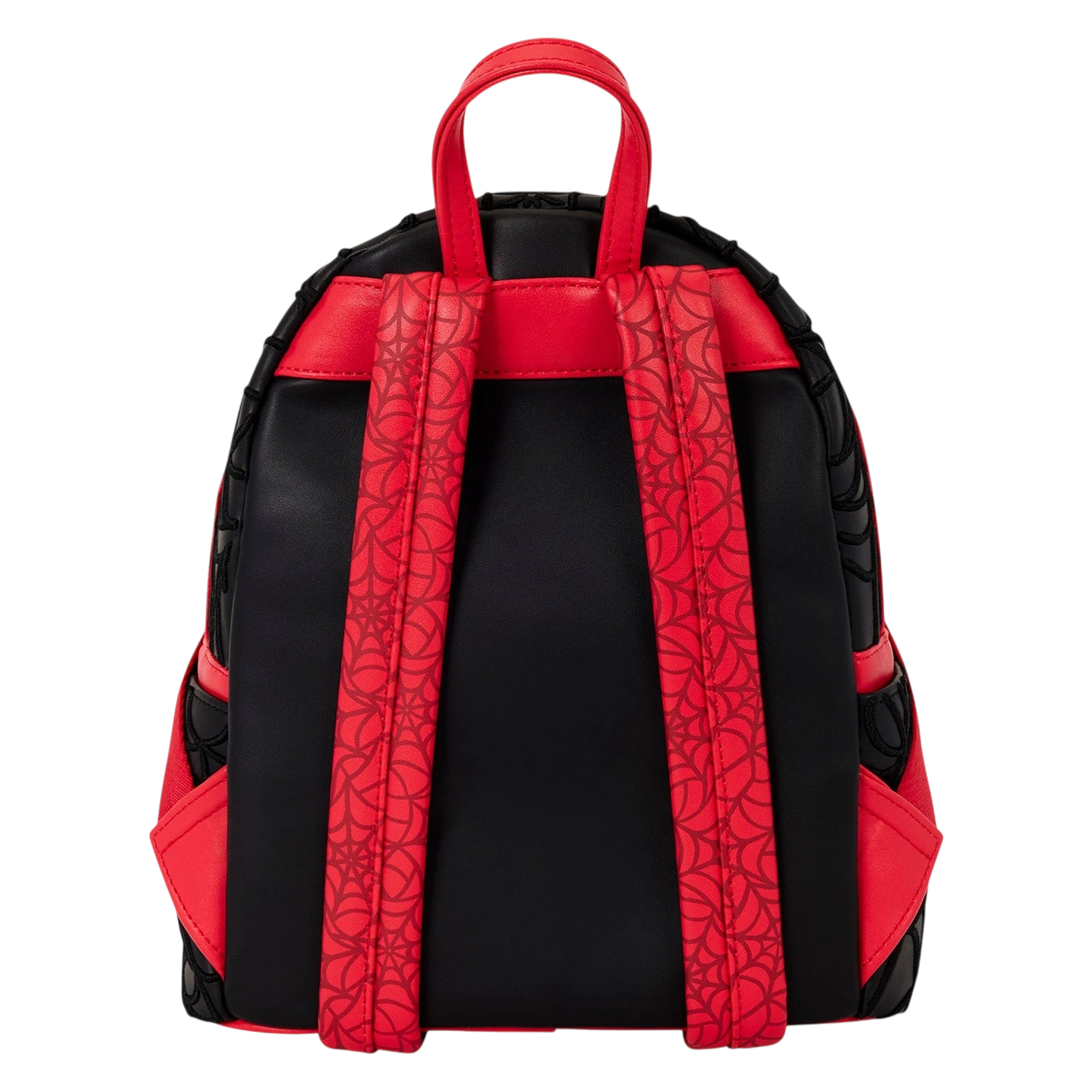 Back view of Cards & Comics Connection Marvel Spider-Man mini backpack with red web-patterned straps and black body.