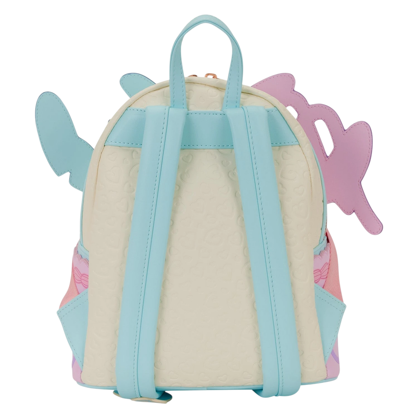 Cards & Comics Connection Disney Stitch & Angel mini backpack back view featuring light blue straps and heart texture