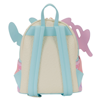 Cards & Comics Connection Disney Stitch & Angel mini backpack back view featuring light blue straps and heart texture