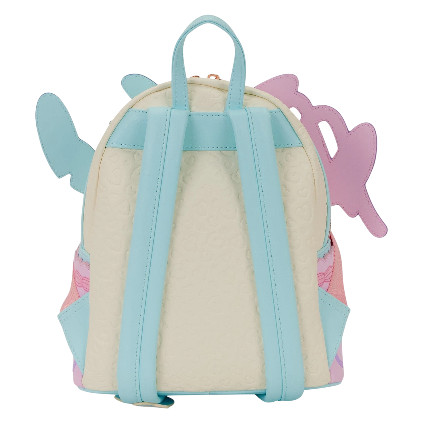 Cards & Comics Connection Disney Stitch & Angel mini backpack back view featuring light blue straps and heart texture