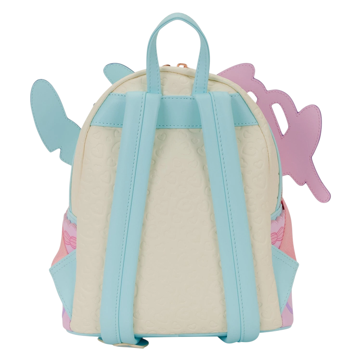 Cards & Comics Connection Disney Stitch & Angel mini backpack back view featuring light blue straps and heart texture