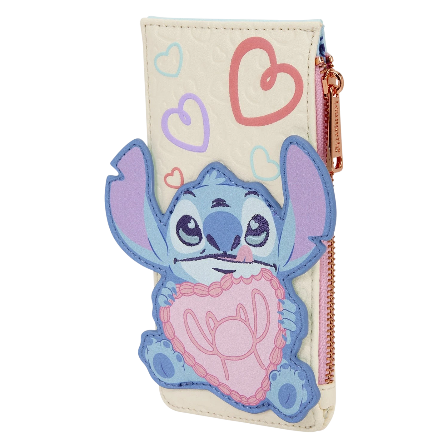 Cards & Comics Connection Stitch and Angel Valentine card holder in cream with heart details and rose gold zipper.